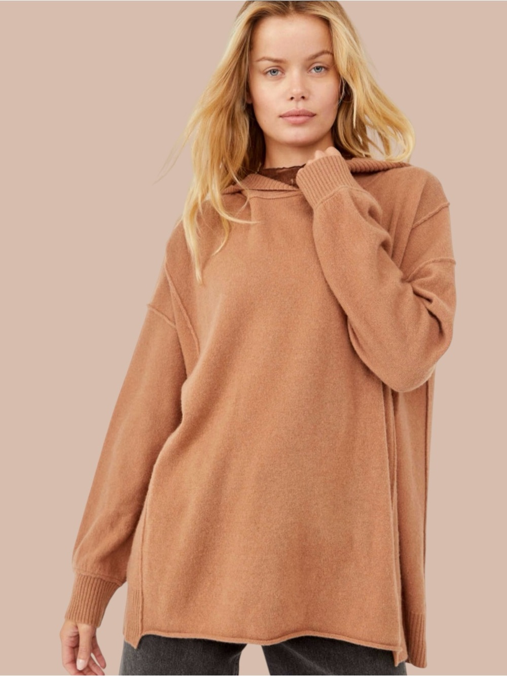 Free People Cashmere Boyfriend Hooded Sweater Womens Large Sahara Sand Brown